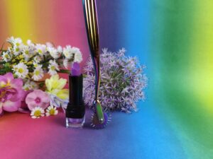 Het rimba bondage play pinwheel regenboog naast een lipstick