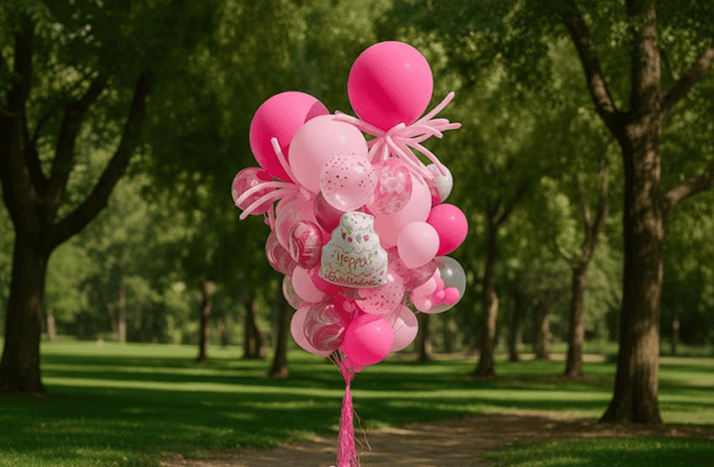 A large cluster of pink and white balloons, including a "Happy Graduation" balloon, creates a stunning balloon installation floating on a tree-lined path in a Los Angeles park.