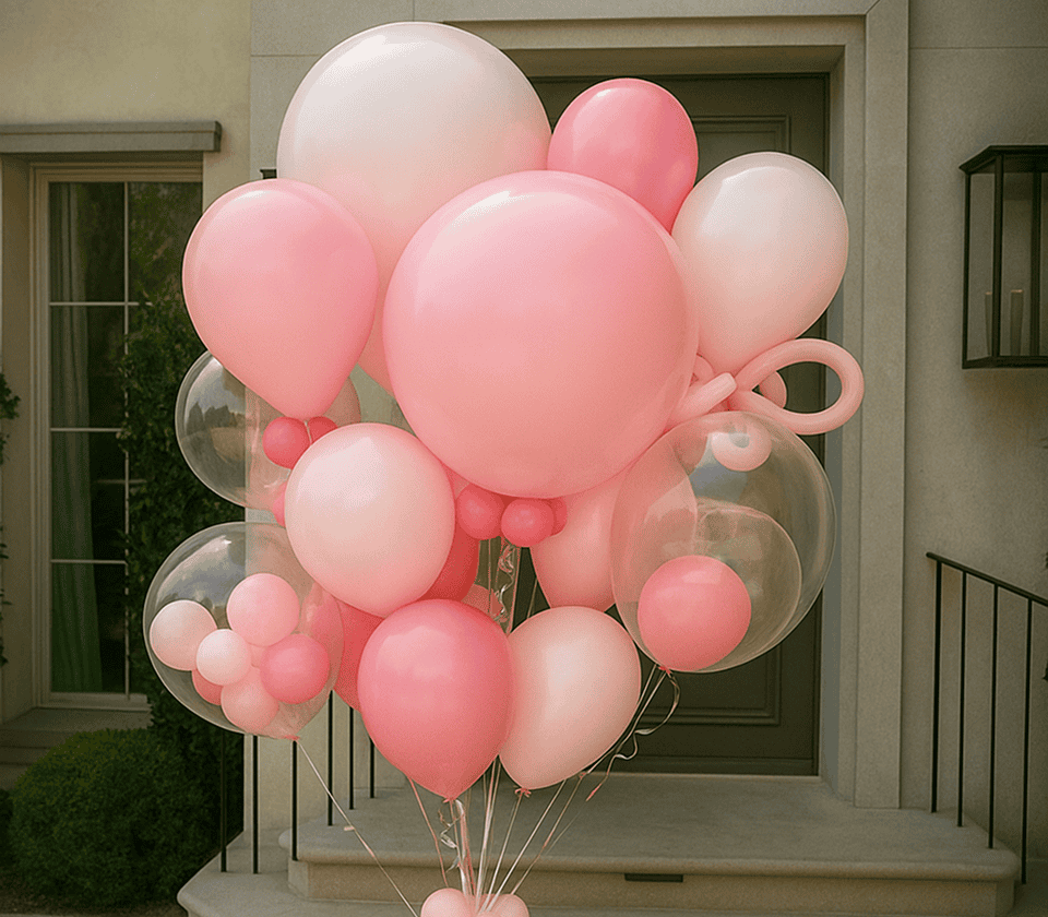 A cluster of pink, white, and translucent balloons—expertly arranged by a balloon artist—adorns the house entrance with steps and a closed door in the background.