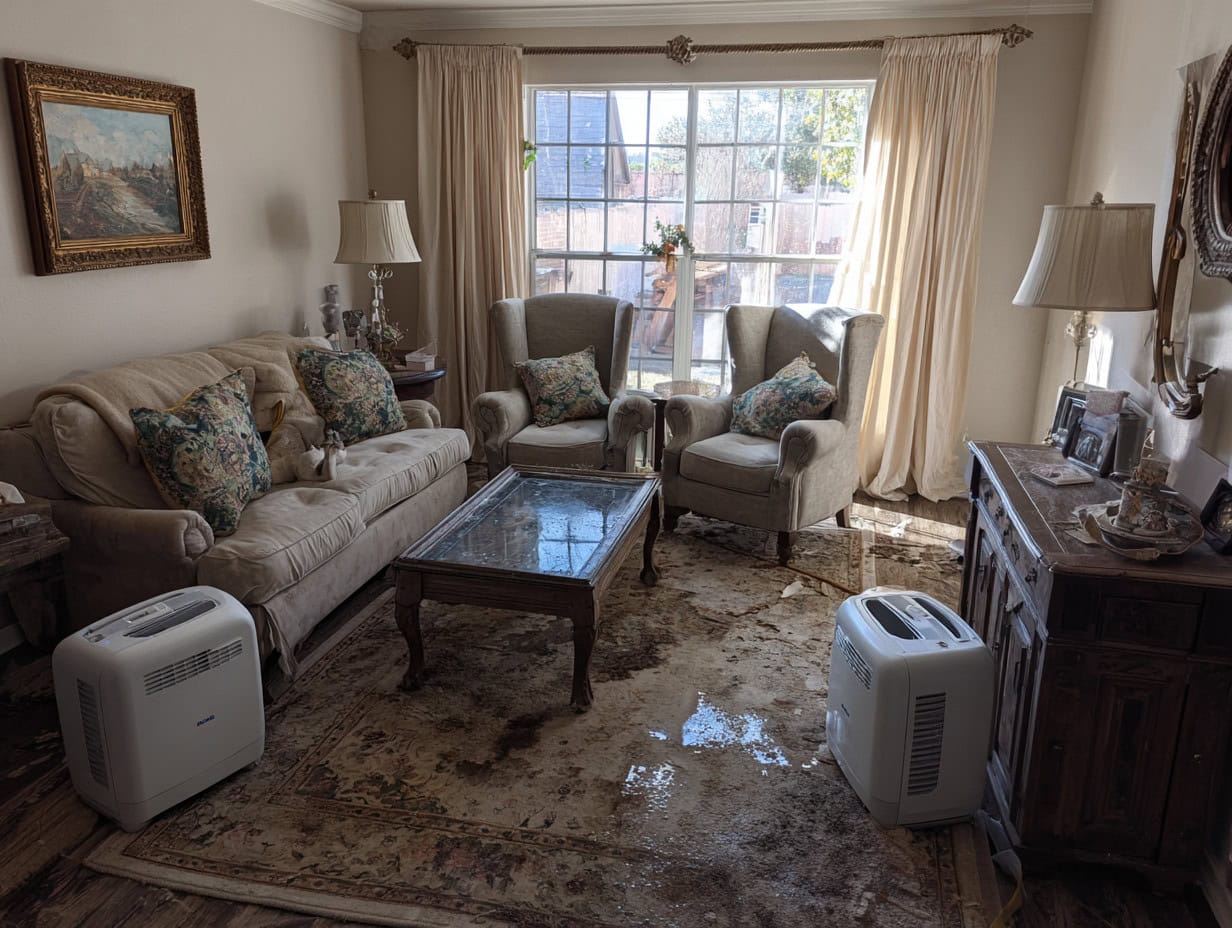 Living room with drying equipment showing water damage restoration in progress.