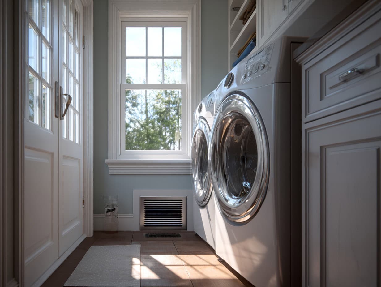 Gas dryer with rigid vent connection in a laundry room.