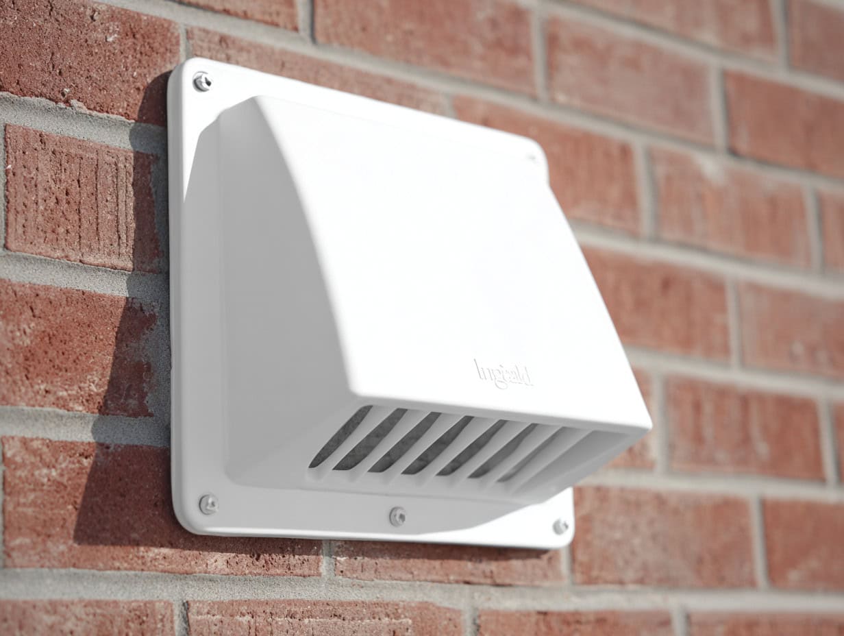 White hood dryer vent cover installed on brick wall exterior.