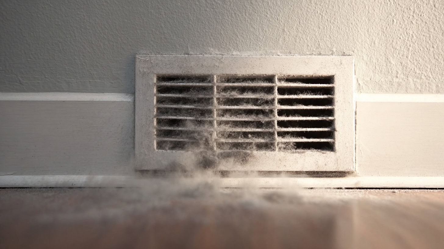 Dust buildup around air vent after attic or renovation work in a residential home.