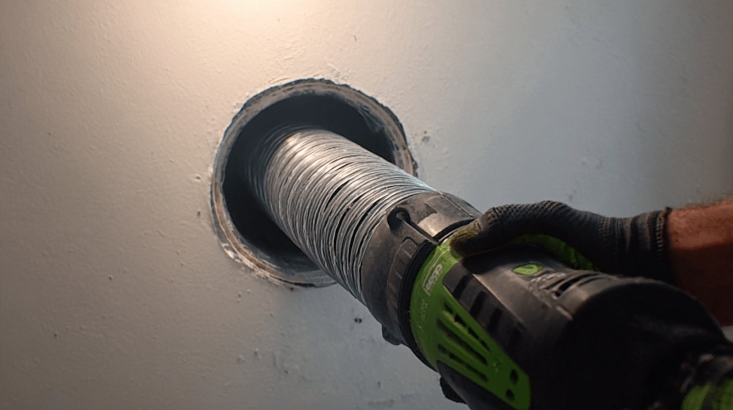 Using a leaf blower to clean a dryer vent connection indoors.