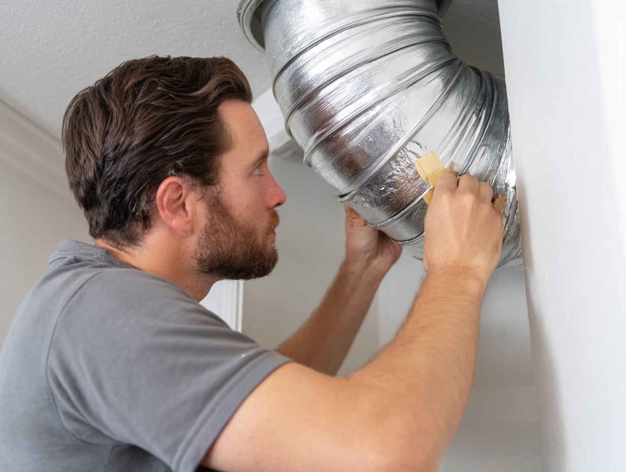 Technician sealing a rigid dryer vent elbow with aluminum foil tape behind a laundry unit.