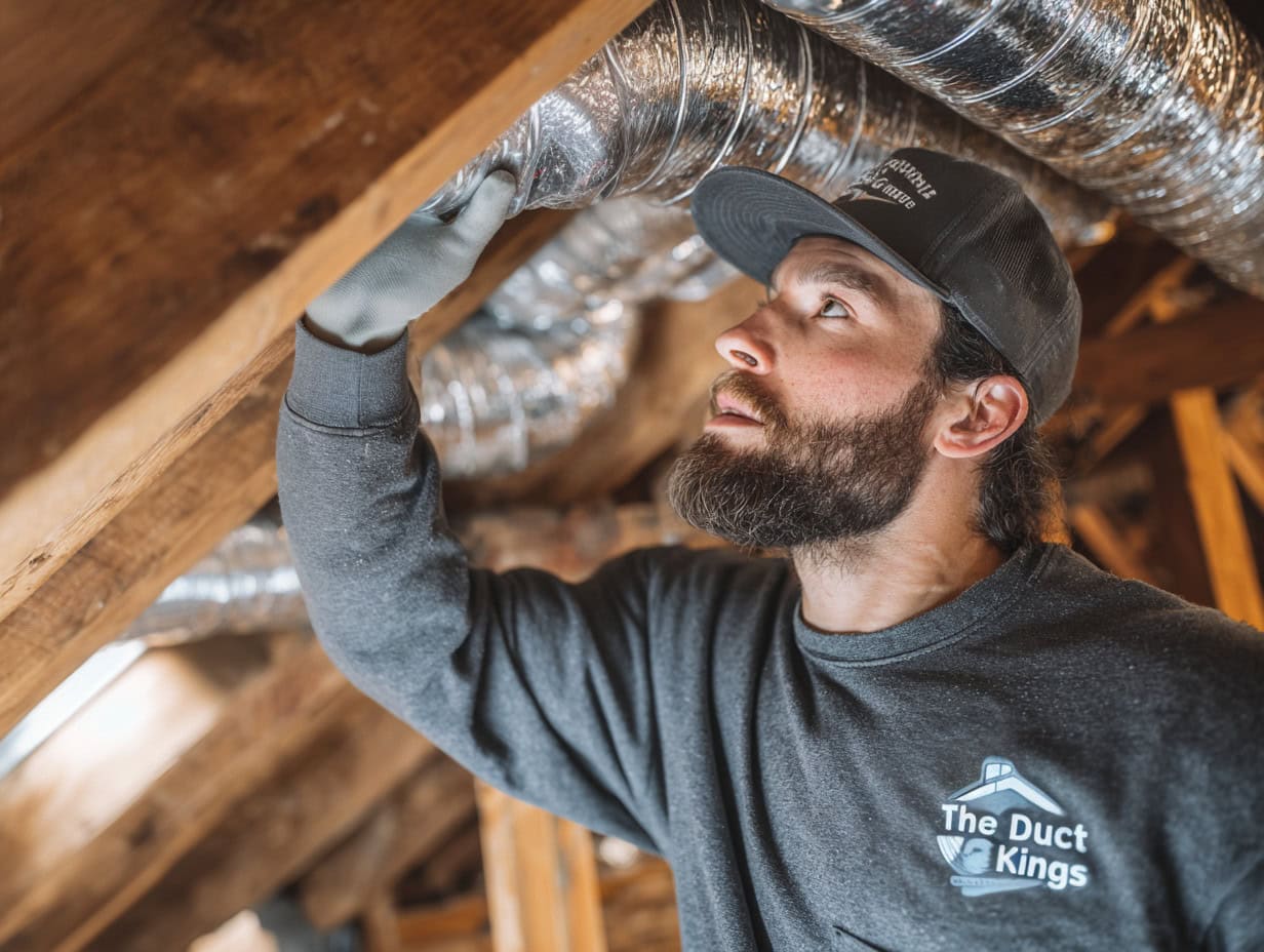 Technician adjusting rigid metal dryer vent ducting along attic framing