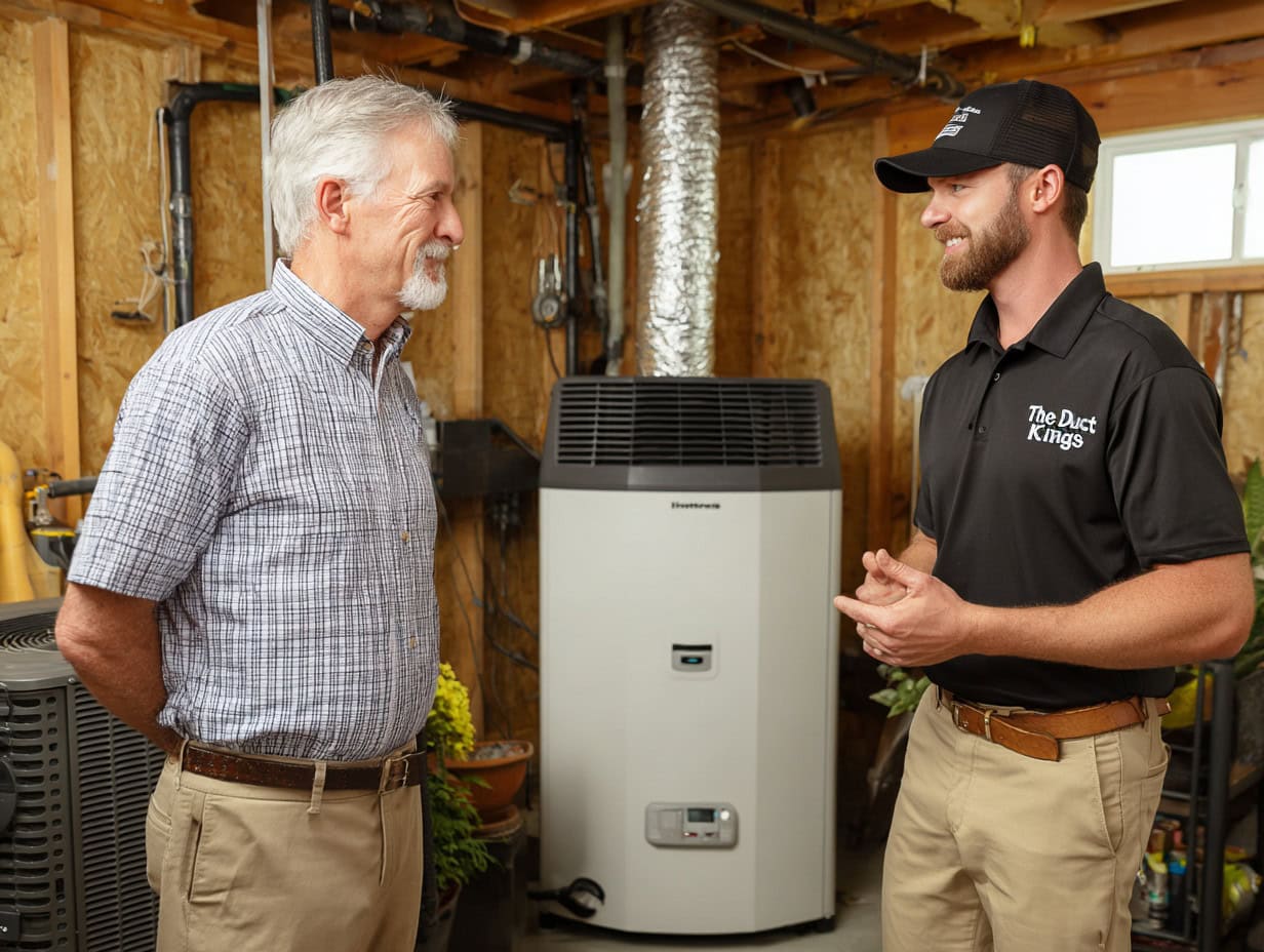 Technician discussing an air scrubber installation with a homeowner in a modern residential setting.