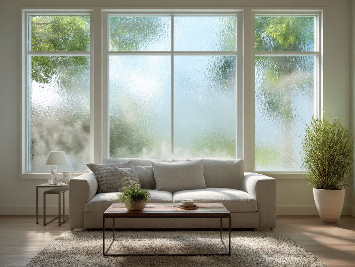 Light condensation on a window inside a clean living room showing elevated indoor humidity.