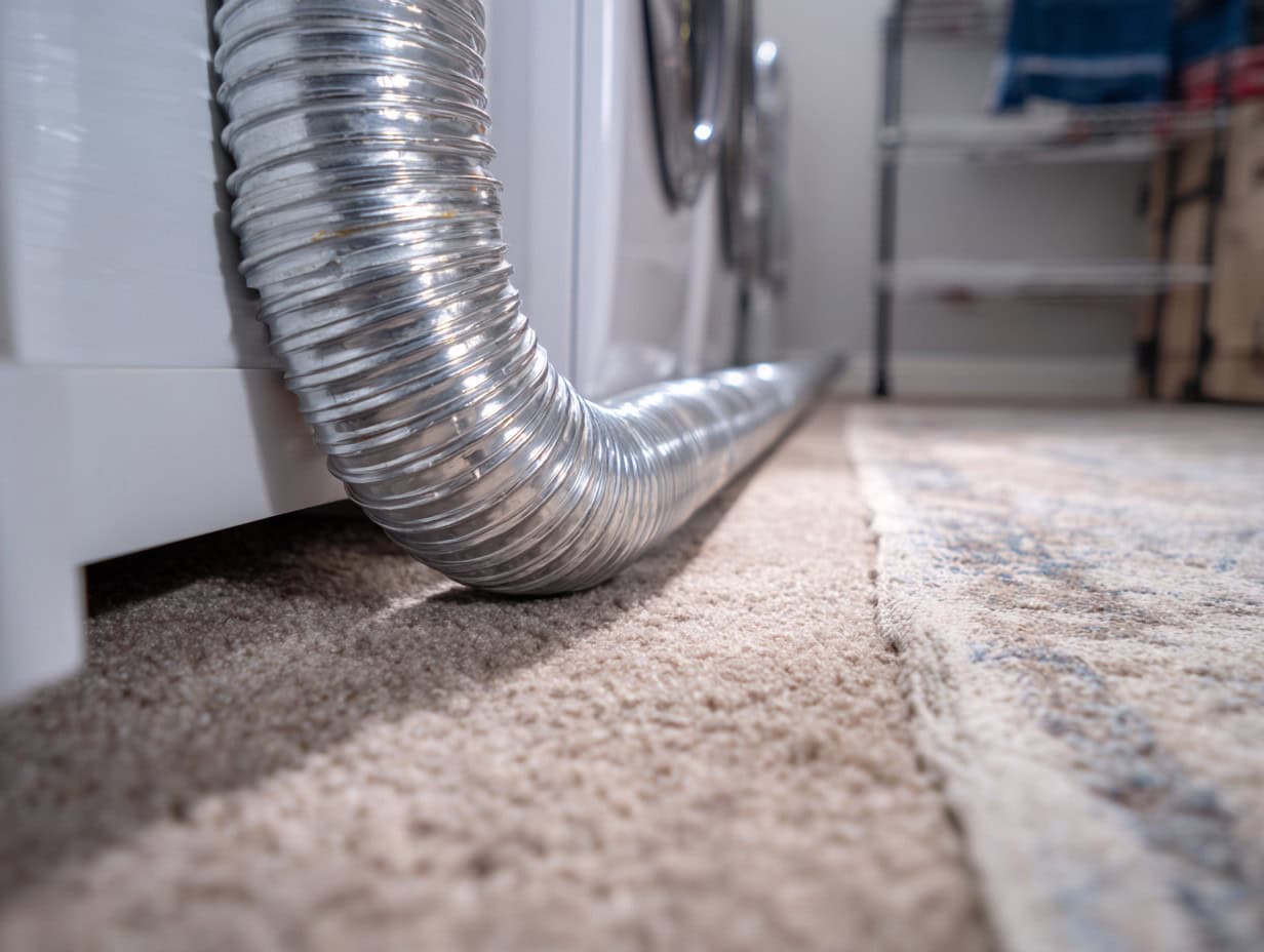 Close up of a new semi rigid aluminum transition hose replacing a damaged connector behind a dryer.