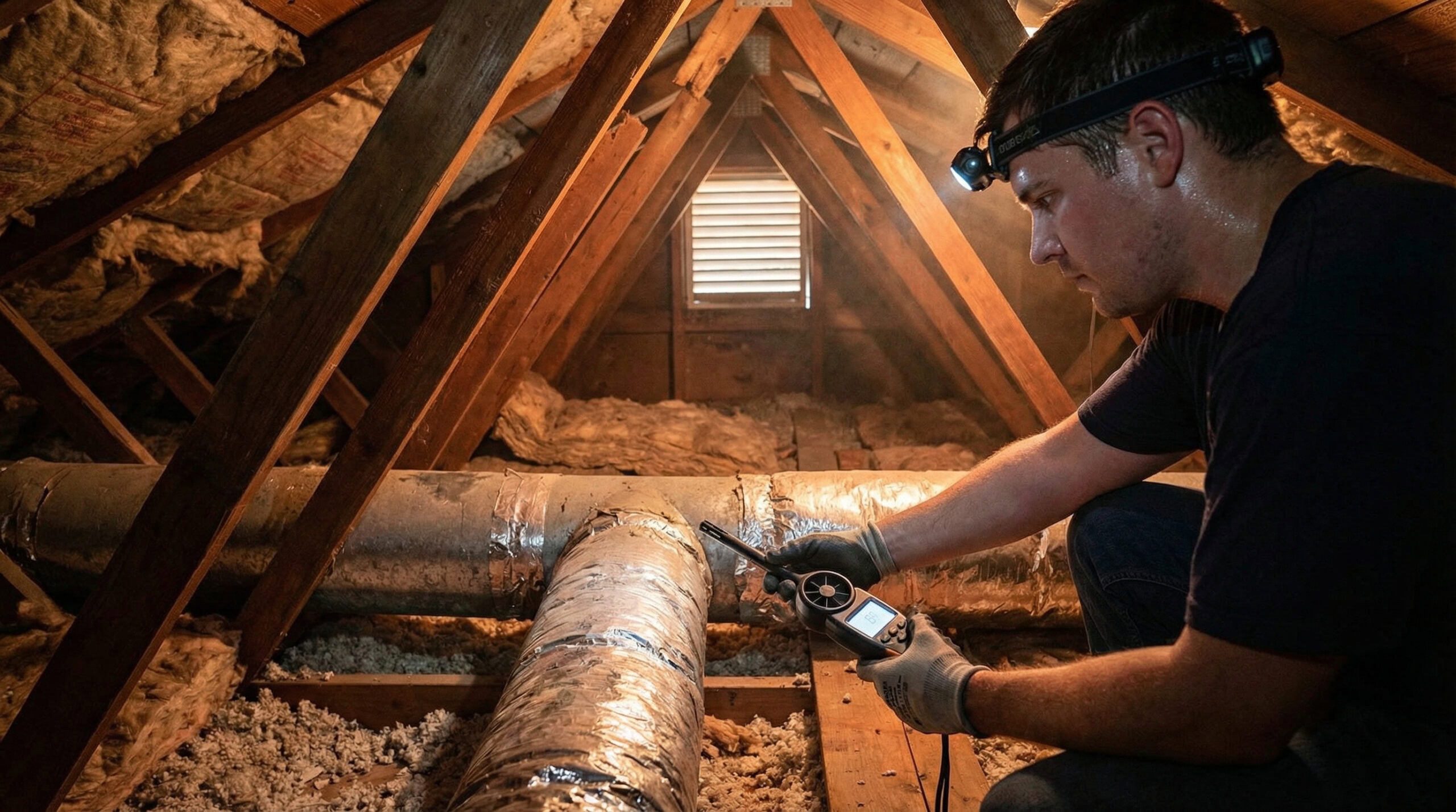 Technician checking attic ductwork airflow in a Dallas home with visible framing and insulation.