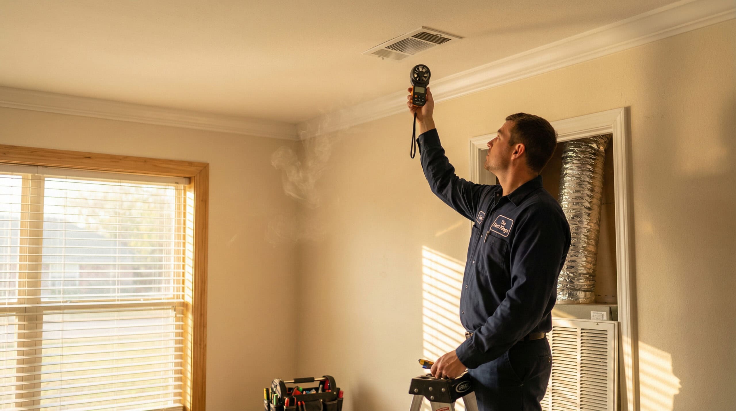 Technician inspecting airflow at a ceiling vent inside a Dallas home during warm afternoon light.