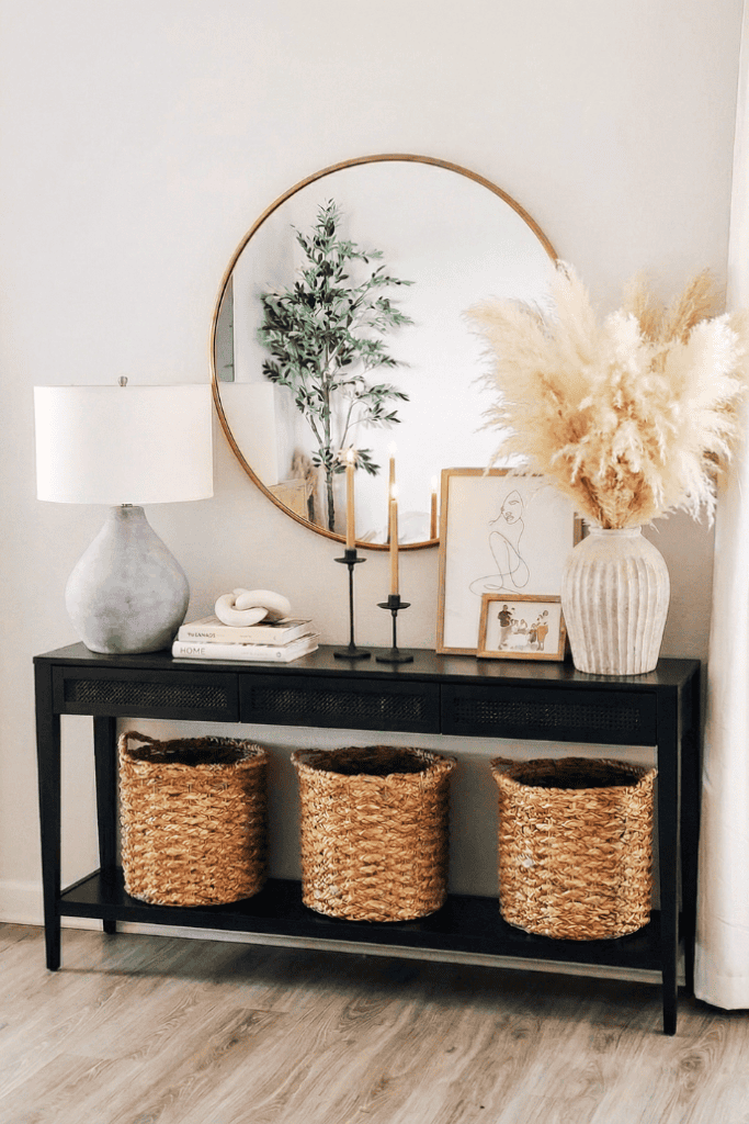 Elegant living room console table decor with a round mirror, pampas grass, and woven baskets for sty.