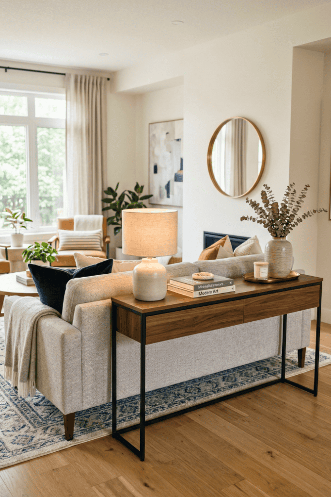 A comfortable living room console table with decor accents and natural light.