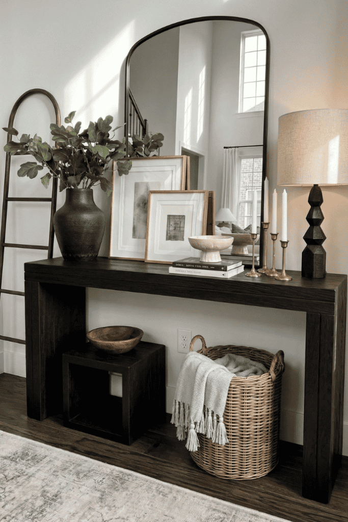 Living room console table decor with framed art, vase, and accessories for stylish interior design.