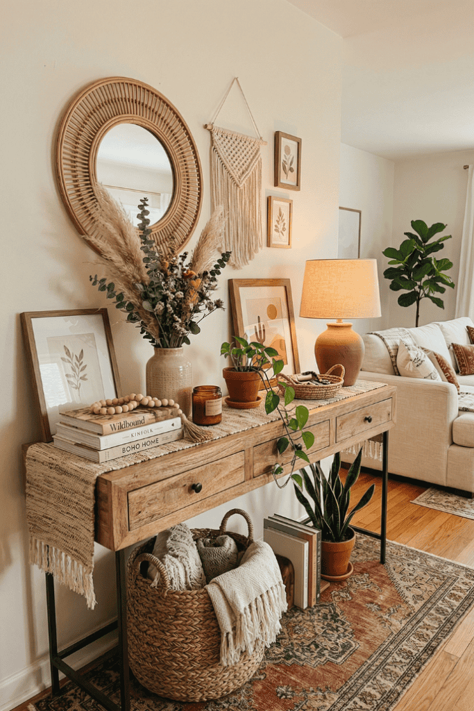 Bright living room console table with decorative items, plants, and cozy accents for stylish home de.
