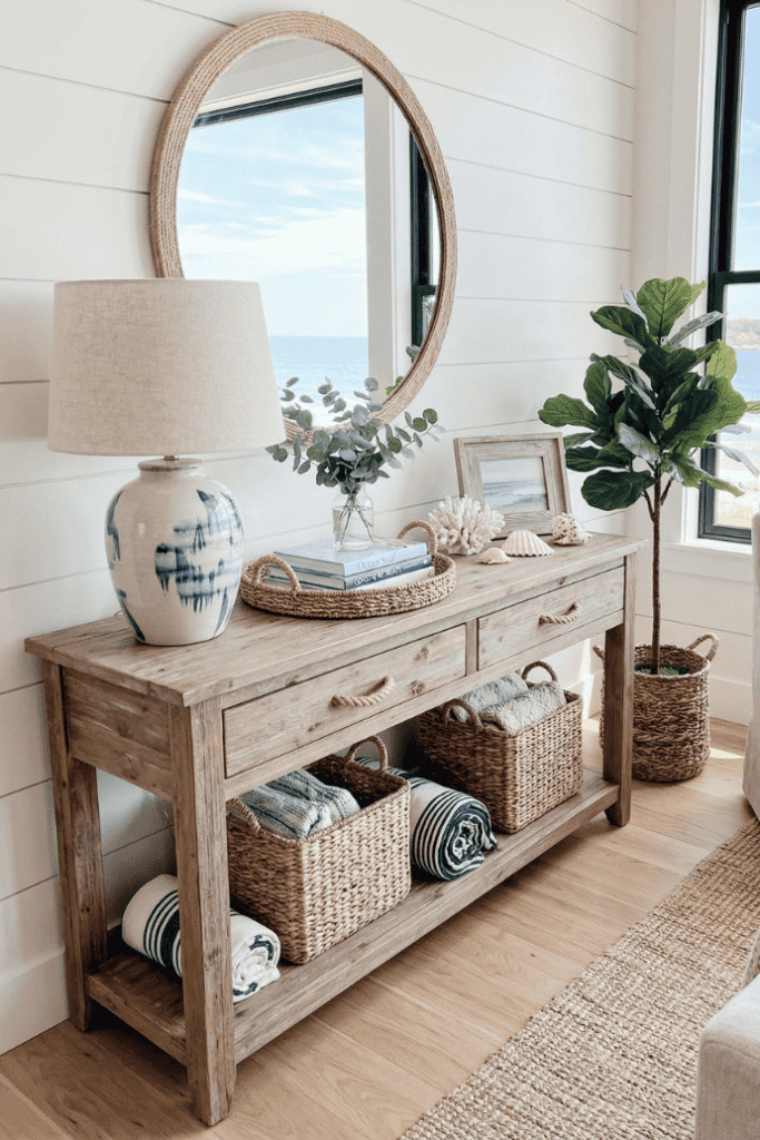 Bright coastal living room console table with decor, mirror, and indoor plant for stylish home accen.