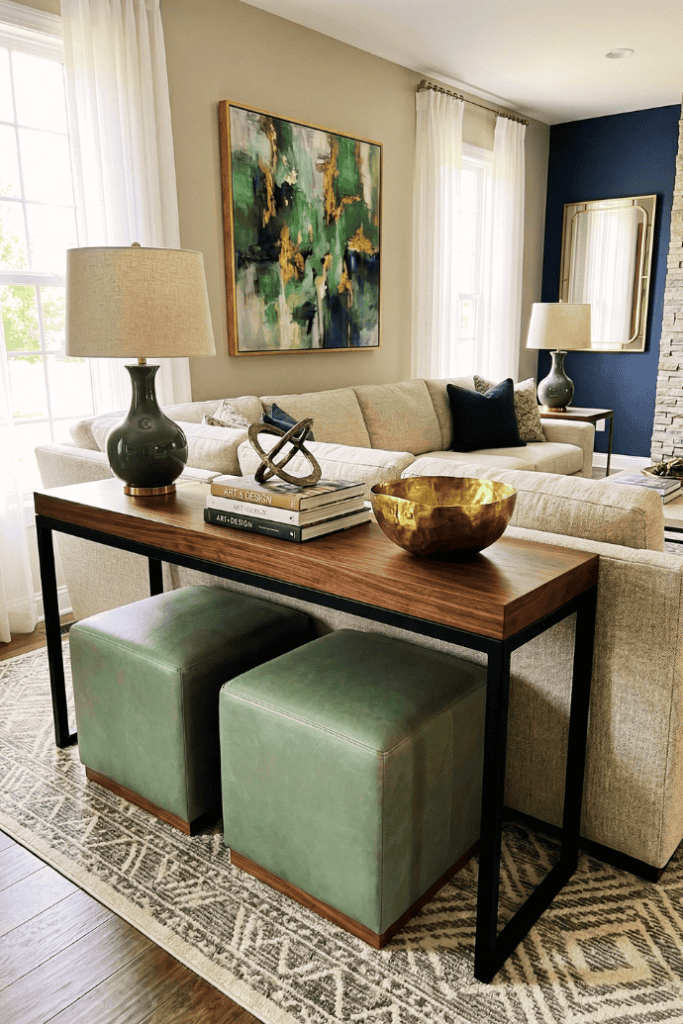 Elegant living room console table with decorative lamps, artwork, and stylish accessories for modern.