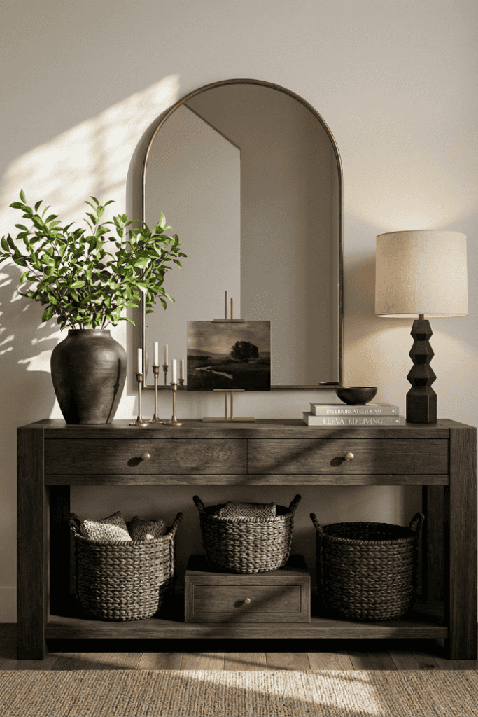 Elegant living room console table with decorative mirror, greenery, and cozy lighting accents.