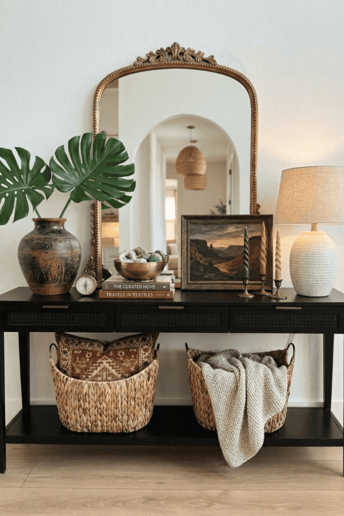 Elegant living room console table with decorative items and a large mirror for stylish home decor.