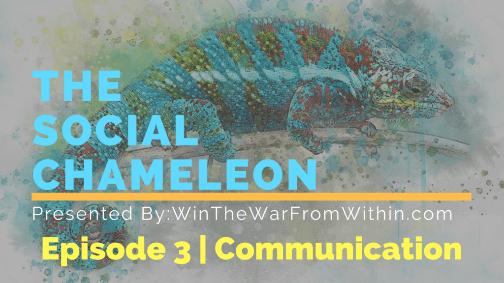 Podcast graphic titled "the social chameleon, episode 3 | language and communication" featuring an artistic rendition of a chameleon overlaid on a textured blue and green background. Presented by winthew