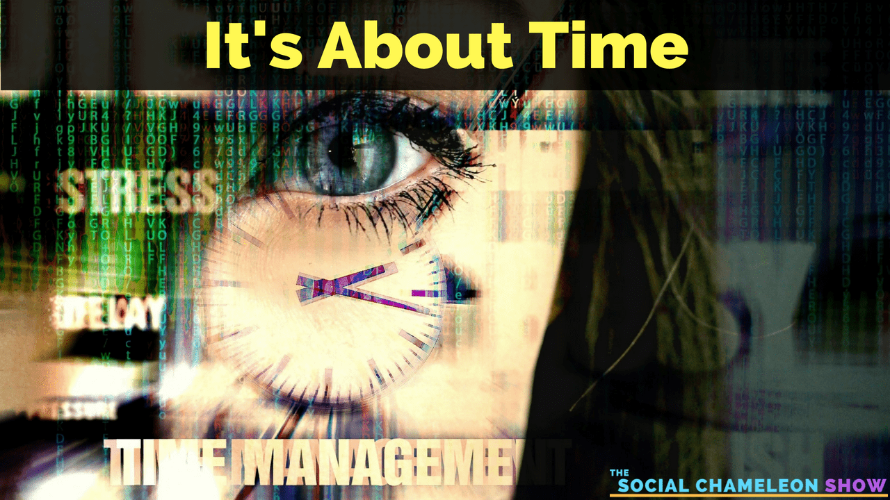 A digital collage featuring a close-up of a woman's eye superimposed with a clock and binary code, overlaid with text "it's about time" and "time management.