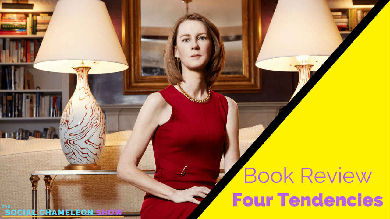 A woman in a red dress sits confidently between two lamps in a library setting, with text on the right stating "Book Review: Four Tendencies by Gretchen Rubin" for The Social Chameleon Show