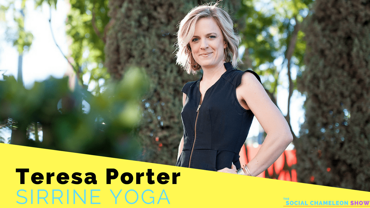 A smiling woman stands outdoors in a park-like setting, labeled as Teresa Porter from Sirrine Yoga, with a yellow banner that includes text for the social chameleon show.