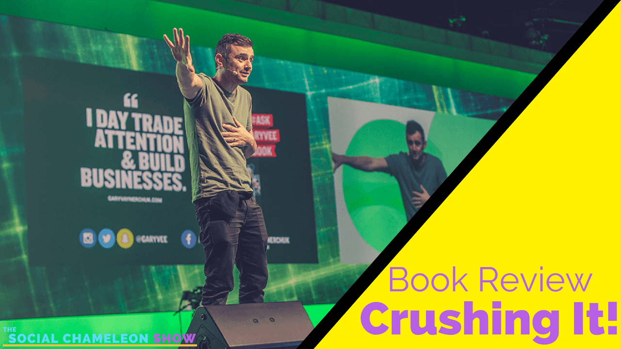 Split image featuring a man speaking at a conference on the left and the text "Crushing It by Gary Vaynerchuk book review" on a yellow and green background on the right.