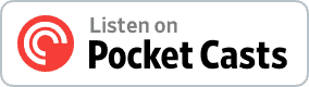 A rectangular badge with a red button featuring a white, partially enclosed spiral icon and the text "Listen on Pocket Casts" in black and red on a white background, perfect for promoting your favorite podcast apps.