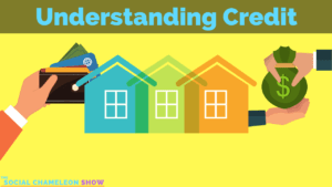 This is a graphical educational image titled "Understanding Credit," featuring illustrations of a hand holding a wallet, colorful houses with price tags, and another hand holding money, representing financial concepts.