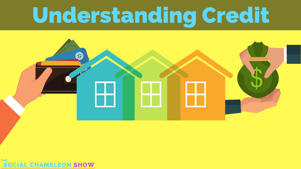 This is a graphical educational image titled "Understanding Credit," featuring illustrations of a hand holding a wallet, colorful houses with price tags, and another hand holding money, representing financial concepts.