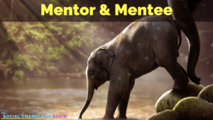 A young elephant, embodying the essence of being a mentee, is gently nudged down a rocky surface by an older mentor elephant in a sunlit forest setting. The text "Mentor & Mentee" appears at the top, with "The Social Chameleon Show" logo at the bottom left.