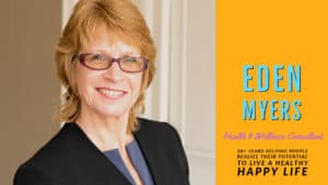 Professional portrait of a smiling woman with short blonde hair, wearing glasses and an orange blouse, beside text promoting Eden Myers as a Health & Wellness Consultant.