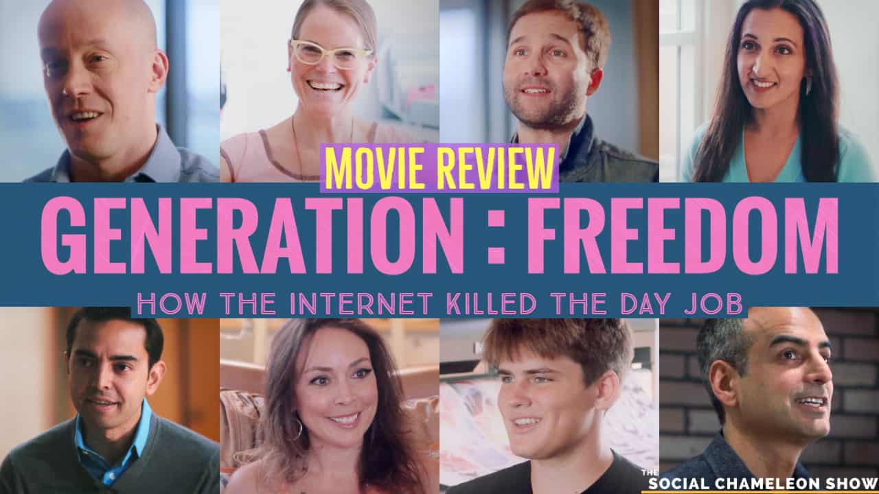Collage image featuring eight diverse individuals smiling in separate frames for a movie review titled "generation: freedom - how the internet killed the day job," shown on the social chameleon show.