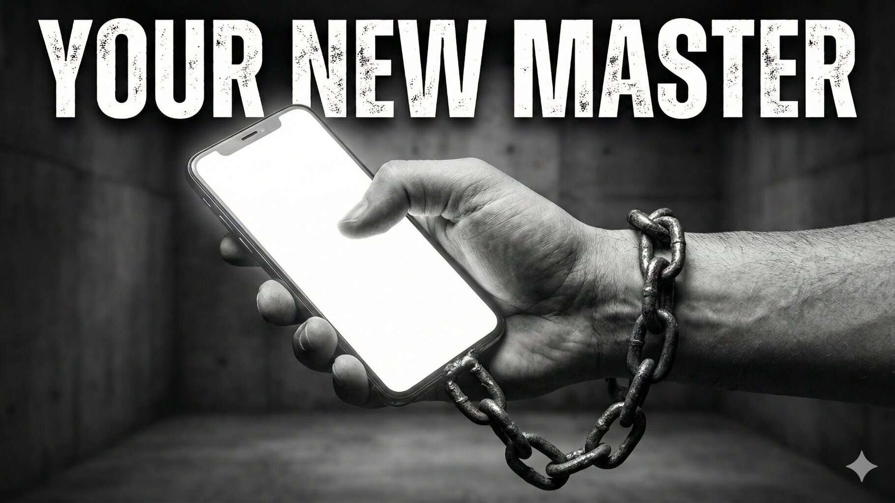 A hand holding a smartphone is chained at the wrist, suggesting imprisonment by passion, pleasure & everything inbetween. The background is a bare, dim room. Large text above reads, "YOUR NEW MASTER." The image is in black and white.