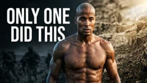 A muscular, shirtless man stands determined in front of rough terrain. Large text reads, “ONLY ONE DID THIS.” Soldiers appear in the blurred background, evoking the relentless spirit found in david goggins book Can’t Hurt Me.