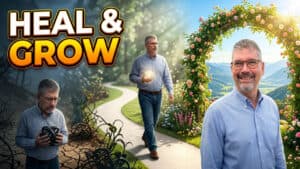 A man transitions from sadness in a dark area holding black tangled cords—symbols of burnout—to walking a bright path, holding a glowing orb, and standing smiling under a floral arch in sunlight. Text reads “HEAL & GROW.”.