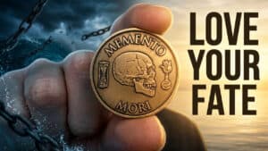 A hand holds a coin engraved with “MEMENTO MORI: Remember you must die” and a skull. One side shows a stormy sea; the other, a calm sunset. Bold text reads “LOVE YOUR FATE.” This powerful reminder of Memento Mori encourages you to appreciate your alive time and embrace every moment.