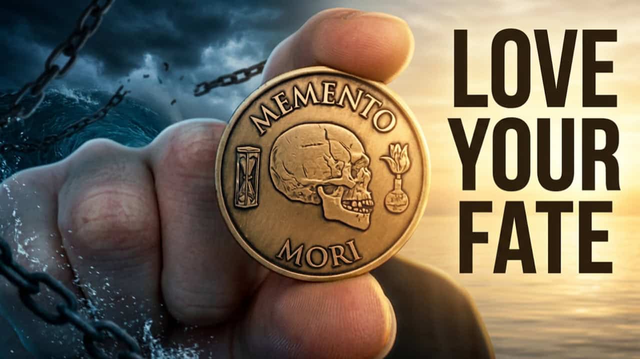 A hand holds a coin engraved with “MEMENTO MORI: Remember you must die” and a skull. One side shows a stormy sea; the other, a calm sunset. Bold text reads “LOVE YOUR FATE.” This powerful reminder of Memento Mori encourages you to appreciate your alive time and embrace every moment.