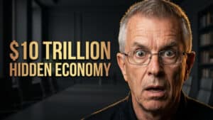 A surprised older man with glasses stands in front of text that reads “$10 TRILLION HIDDEN ECONOMY” in a dimly lit room with shelves in the background, capturing the intrigue surrounding conscious leadership and its impact on today’s business landscape.