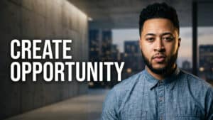 A man wearing a blue button-up shirt stands indoors with “CREATE OPPORTUNITY” in bold white text beside him and a cityscape blurred in the background, embodying the spirit of Achieving Goals with Perseverance: Pharaoh Kelley on Health and success in real estate.