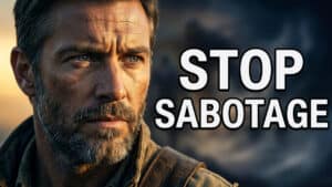 A serious man with a beard looks to the side; large bold text next to him reads “STOP SABOTAGE” against a dark, dramatic background—an image evoking Steven Pressfield’s call for conquering resistance and taking action.