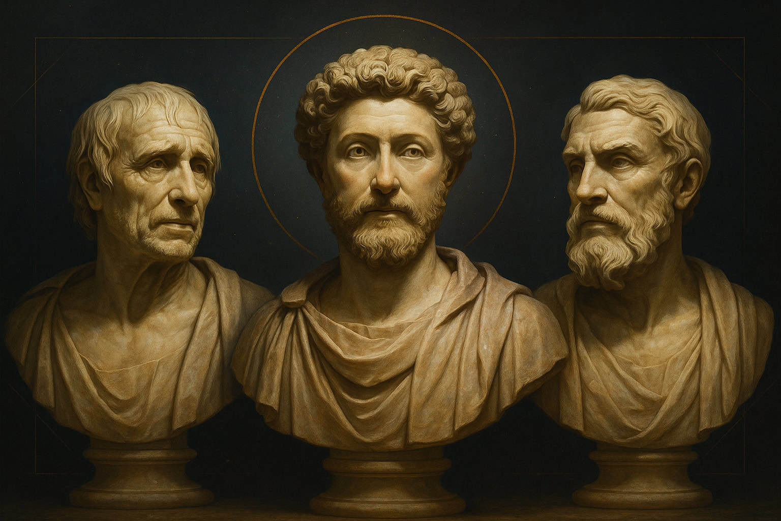 Three classical marble busts of Seneca, Marcus Aurelius, and Epictetus with draped clothing are displayed side by side against a dark background, evoking the wisdom of Stoicism. The central figure is highlighted with a faint halo-like circle behind his head.