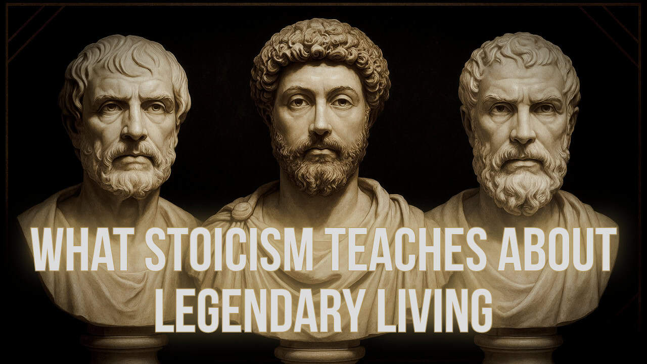 Three marble busts of ancient philosophers, Marcus Aurelius, Epictetus, and Seneca, are displayed side by side, with bold text overlay: "What Stoicism Teaches About Legendary Living." The scene has a classical, dramatic lighting style.