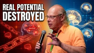 A man in an orange shirt holds a microphone. Text reads “REAL POTENTIAL DESTROYED.” The background features brains, digital patterns, red chains, and fists, with one brain labeled “survival brain,” highlighting the struggle between resilience and limitation.