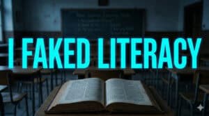 How I Tricked Everyone (Even Myself) Into Thinking I Could Read. An open book sits on a desk in an empty classroom, with large blue text overlaid that reads "I FAKED LITERACY"—revealing how someone tricked everyone into thinking they had reading skills.