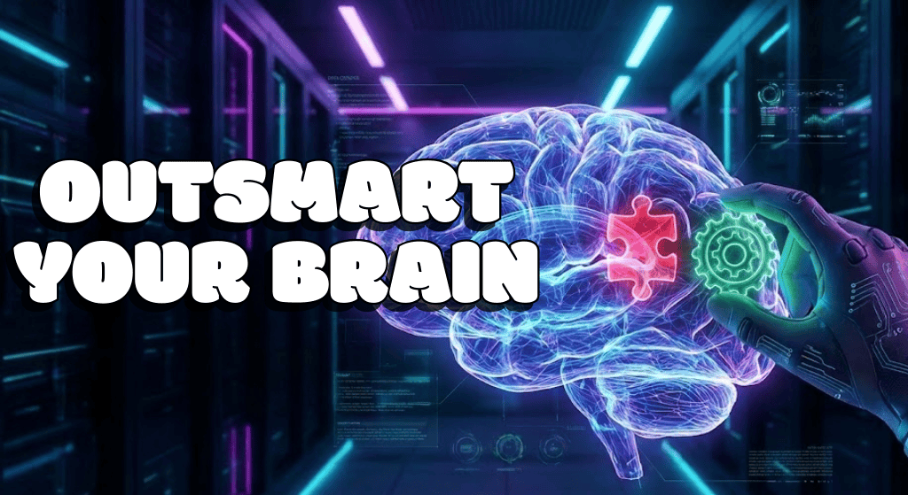 Mindset Frameworks: Why Being "Right" Is Holding You Back (from Derek Sivers) . A glowing digital brain shines in a futuristic server room as a robotic hand holds a gear-shaped puzzle piece to complete it. Inspired by Derek Sivers’ mindset frameworks, neon lights illuminate large text: “OUTSMART YOUR BRAIN.”.