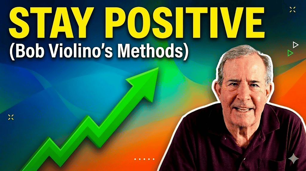 A smiling older man, Bob Violino, in a maroon shirt is shown next to a large green upward arrow. The text reads "STAY POSITIVE (Bob Violino's Methods)" on a colorful abstract background. Resilience Strategies: How to Stay Positive When Life Gets Hard (with Bob Violino)