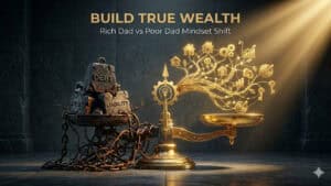 A golden scale contrasts heavy, chained blocks labeled "debt" and "liability" on one side with glowing icons of money, homes, and investments on the other. Text reads: "Build True Wealth: Rich Dad vs Poor Dad Mindset Shift. Financial Literacy: The Costly Mistake Everyone Makes with Rich Dad Poor Dad (Book Review)