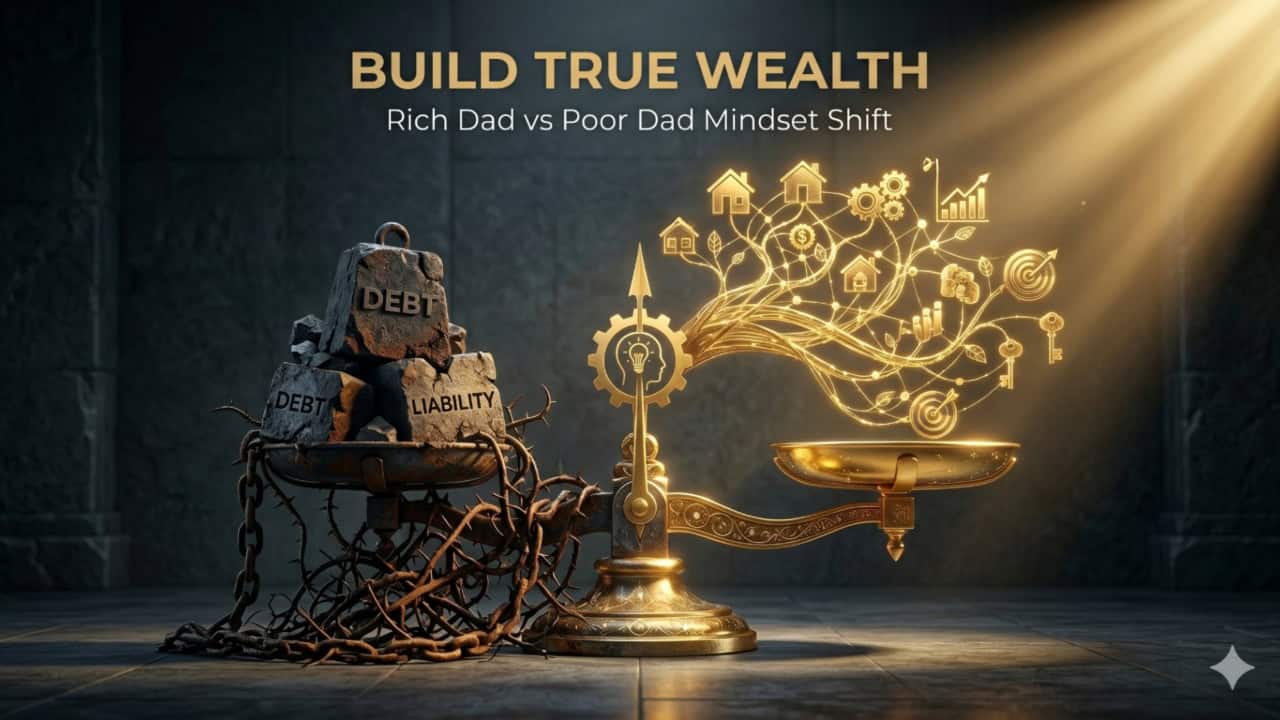 A golden scale contrasts heavy, chained blocks labeled "debt" and "liability" on one side with glowing icons of money, homes, and investments on the other. Text reads: "Build True Wealth: Rich Dad vs Poor Dad Mindset Shift. Financial Literacy: The Costly Mistake Everyone Makes with Rich Dad Poor Dad (Book Review)
